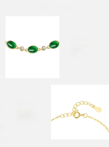 Detailed view of S925 sterling silver gold bracelet with green emerald-cut stones
