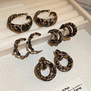 Leopard Print Hoop Earrings Geometric C-Shape Retro Resin Alloy With 925 Sterling Silver Earring Post Fashion Women