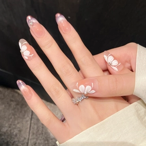 Violet gradient press-on nails with 3D floral petals and pearl rhinestones decor