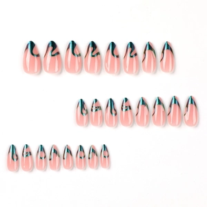 Unghie a mandorla a pressione con base rosa e onde verde aurora, set da 24 pezzi