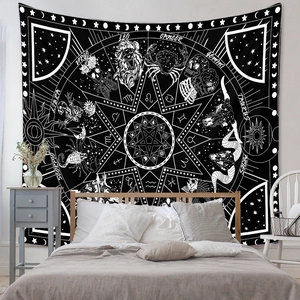 Detailed close-up of bohemian zodiac tapestry featuring astrology signs and constellations