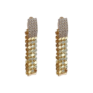 Golden square rhinestone stud earrings with hanging round tassel fringe drops for women