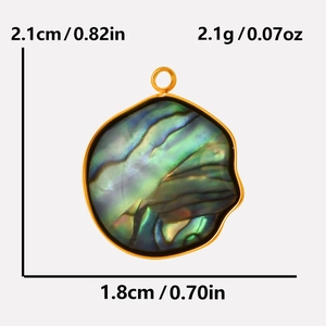 Detail view of oval abalone shell pendant with gold plating and dimension markings