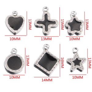 Set of 6 silver stainless steel pendants with black enamel and dimensions for DIY jewelry