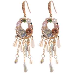 Vintage gold tassel earrings with colorful crystals and pearl in a bohemian style