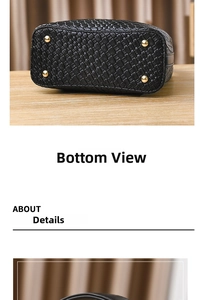 Close-up of the woven black leather bucket bag bottom with four gold metal protective studs