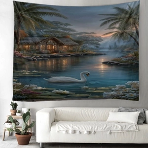 Detailansicht Wandteppich mit Seelandschaft, Schwänen und Lotus im Wohnzimmer