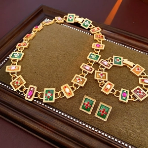 Vintage floral jewelry set with enamel flower necklace bracelet and earrings