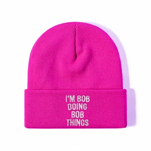 Hot pink winter beanie with white embroidery text I'M BOB DOING BOB THINGS