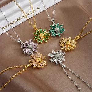 Daisy Flower Pendant Necklace Colorful Zircon Copper Gold Plated Titanium Steel Chain For Women