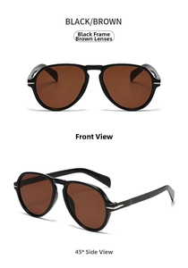 Front and 45-degree side view of oversized aviator sunglasses with brown lenses