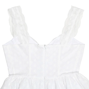 Detail of white dress back featuring floral lace cutout patterns and invisible zipper