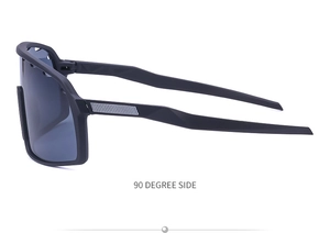 90 degree side view of cycling sunglasses with black matte frame and dark grey lenses