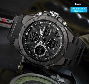 Tactical dual-display sports watch with 50M water resistance and analog-digital face