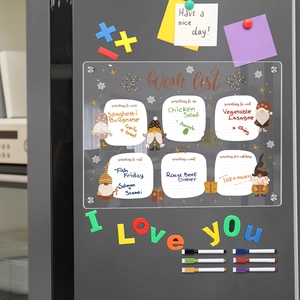 Acrylic magnetic weekly planner board on fridge with markers and letter magnets