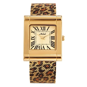Women's Rectangular Quartz Watch Gold Stainless Steel Mesh Strap Leopard Print Roman Numerals Fashion Wristwatch