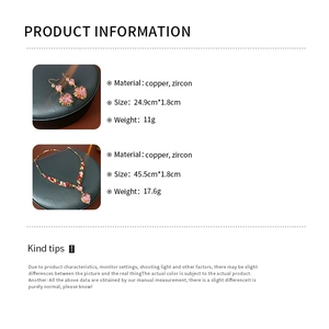 Detailed specifications for pink heart zircon necklace and earrings set in copper material