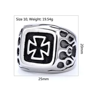 Vintage stainless steel signet ring with black enamel iron cross design, size 10 US