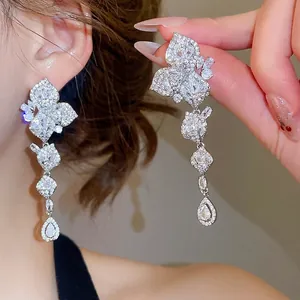 Elegant Floral Leaf Zircon Tassel Dangle Earrings Copper With 925 Sterling Silver Earring Post Wedding Party For Women