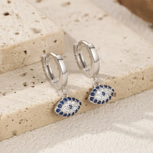 Exquisite S925 sterling silver eye drop earrings with blue and white crystals on stone