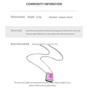 Detail view of pink zircon square crystal necklace with silver chain and 12.5g weight