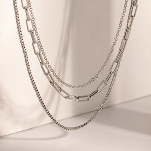 Minimalist three-layer silver stainless steel necklace with paperclip and box chains