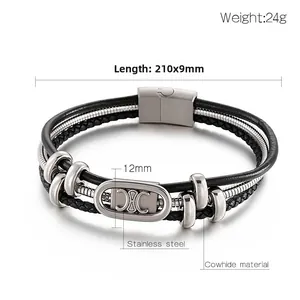 Detail view of multi-layer braided leather bracelet with stainless steel magnetic clasp