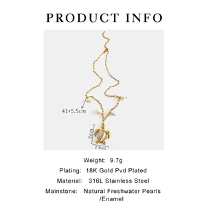 Detailed view showing turtle pendant dimensions and 18K gold plated stainless steel specs