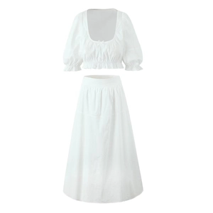 Women Cotton Puff Sleeve Square Neck Crop Top And High Waist Long Maxi Skirt Solid Color Casual Streetwear