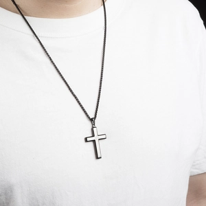 Polished black stainless steel cross necklace with etched patterns for men and women