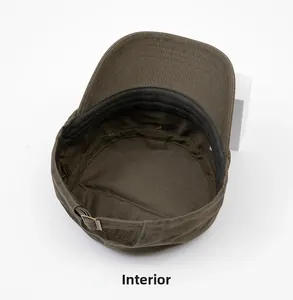 Detail of military flat cap interior with sweatband and adjustable metal buckle
