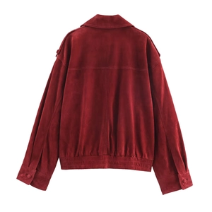 Burgundy long-sleeve faux suede jacket featuring lapel collar and elastic waist back view
