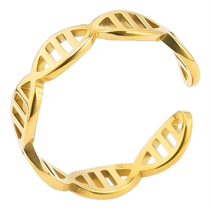 Macro shot of gold-plated DNA double helix cutout ring with adjustable open band detail