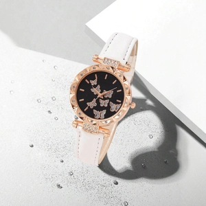 Elegant rose gold butterfly watch with white leather strap and sparkling crystal bezel