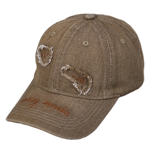 Cappellino da baseball vintage in denim marrone con frange e ricamo decorativo
