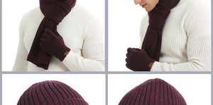Detailed view of burgundy knit winter set featuring thick scarf, beanie, and gloves