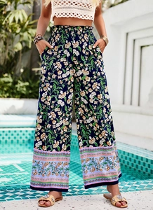Pantalon large à imprimé fleuri bleu marine avec taille élastique et style bohème