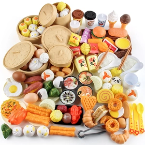 Kids play food kitchen set with colorful realistic sushi burgers and snacks on white back