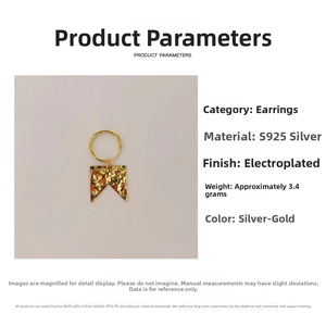 Detailed specs card of S925 silver irregular hammered gold earrings with size info
