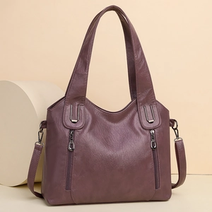 Purple faux leather tote bag with large capacity and removable long shoulder strap