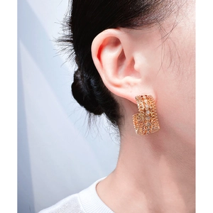 French vintage gold hollow lace hoop earrings with cubic zirconia inlay for women