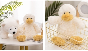 Detailed view of plush duck and polar bear dolls showcasing soft textures and cute design