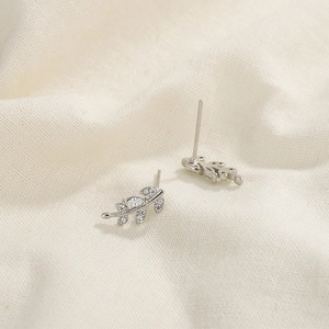 Minimalist S925 sterling silver leaf stud earrings with sparkling cubic zirconia stones