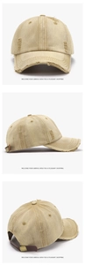 Detailed views of washed distressed baseball cap with adjustable leather strap and buckle