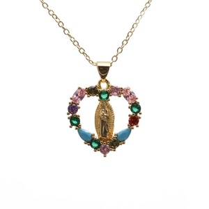 Golden heart necklace featuring Virgin Mary relief with colorful micro-set zircons