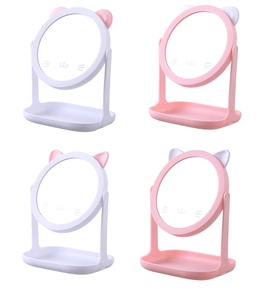 Cat-shaped makeup mirrors in pink and white colors with built-in storage trays