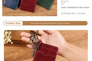Detail view of leather card holder with key ring showing 28g weight and color options