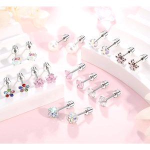 Set of 12 pairs of stud earrings with pearls, stars, flowers, and colorful cubic zirconia