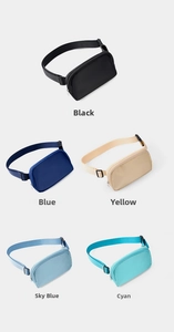 Detailed display of sports waist bags in five colors with adjustable nylon straps