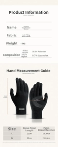 Detailed size chart for thermal touch screen gloves showing L and XL specifications